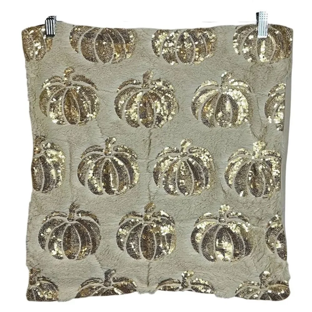 Halloween Gold Pumpkin Sequin Throw Pillow Cover 20inx20in Living/Bedroom Decor